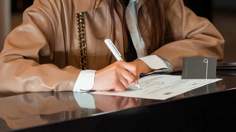 notary office desk with property registration documents and stamps